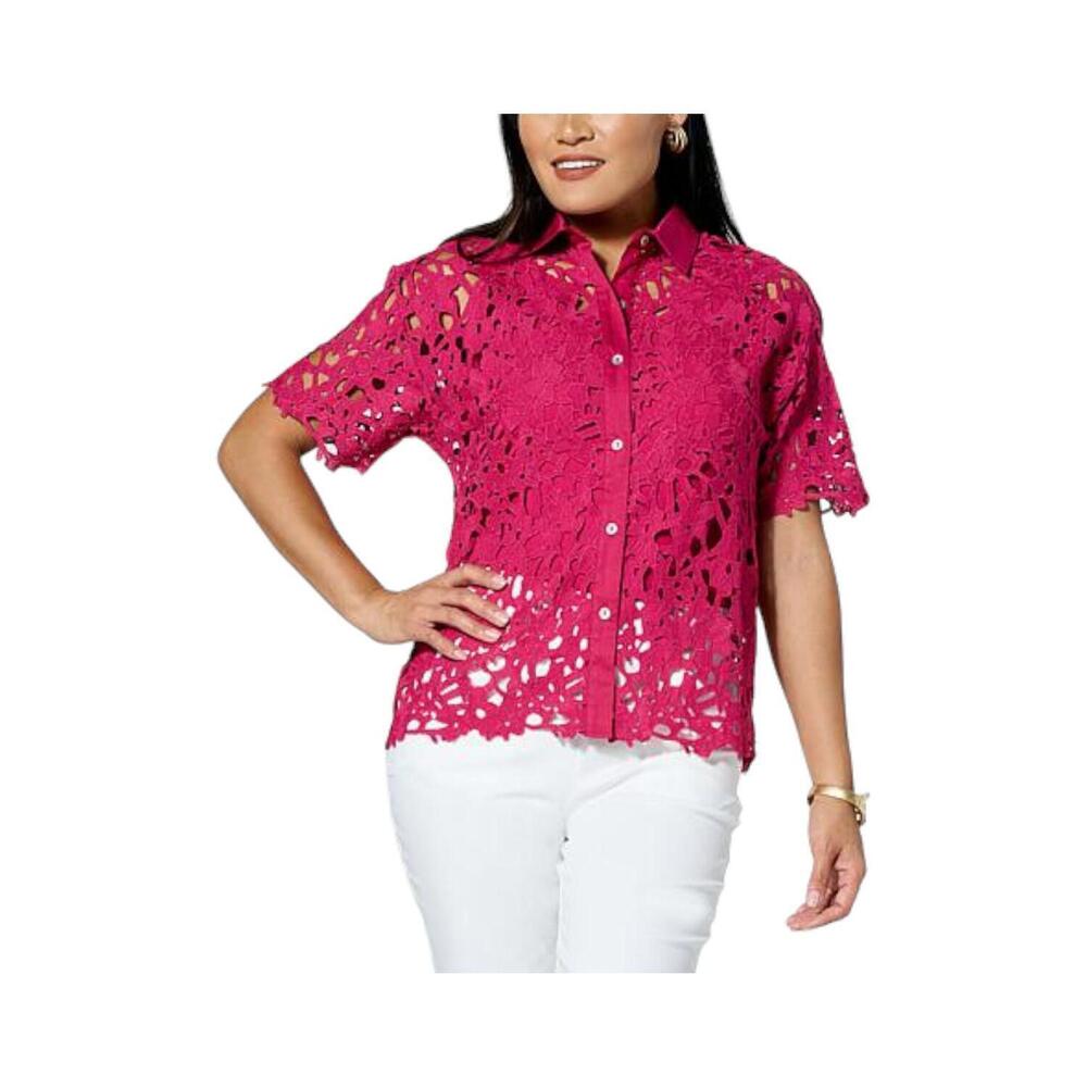 WynneCollection Women's Abstract Floral Lace Top Magenta - Regular